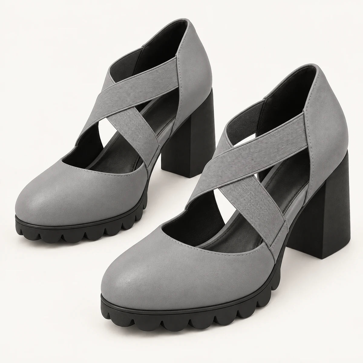 The Clara in Grey leather with grey elastic cross straps and black block heels