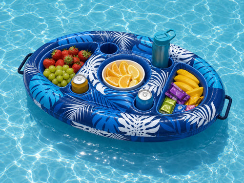 Poolora Float serving tray carrying fruit, snacks and cold drinks in a pool